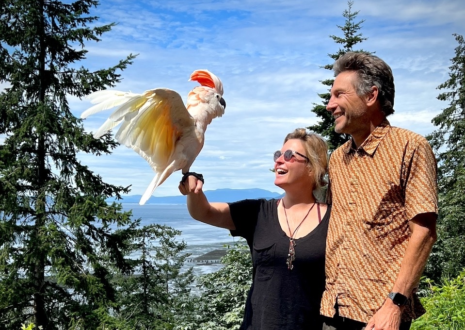 Crystal, Kai, and their cockatoo